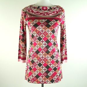 Tory Burch Silk Boatneck Monogram Multicolor Pink Brown Floral Tunic Dress XS